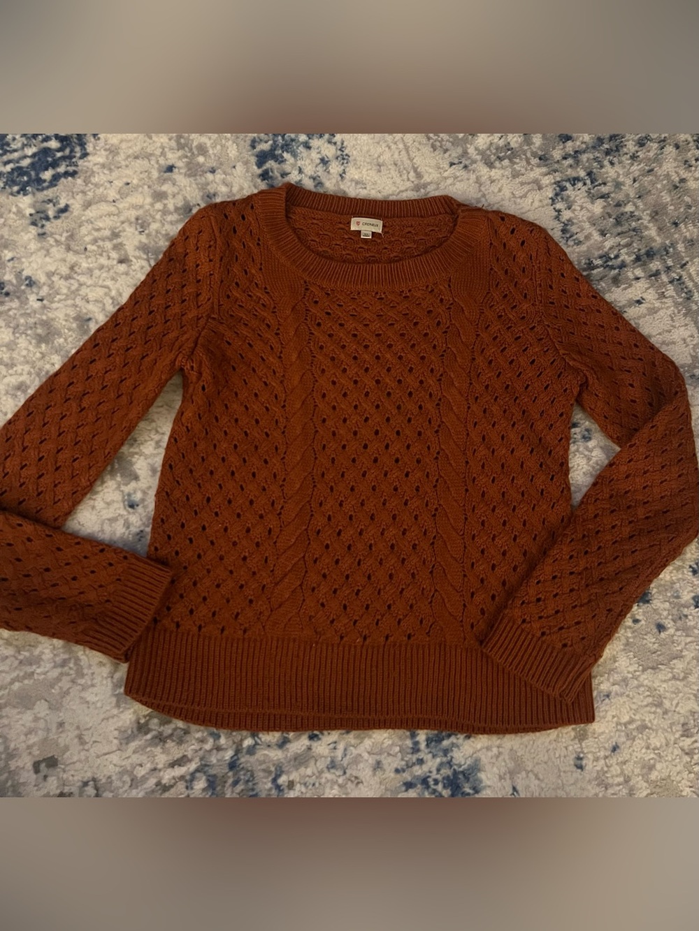 Cremieux Openwork Cable Crewneck Sweater - Rust Brown